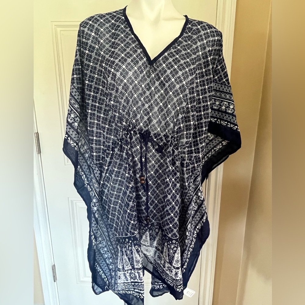 Navy blue and White Patterned Poncho style swim suit coverups